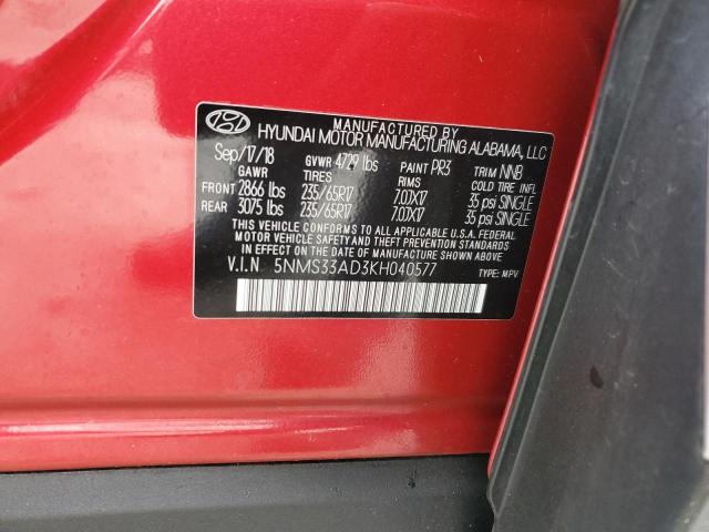 5NMS33AD3KH040577 - 2019 HYUNDAI SANTA FE SEL წითელი ფოტო 13