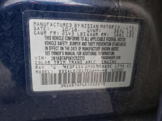 3N1AB7AP6KY252270 - 2019 NISSAN SENTRA S BLUE photo 12