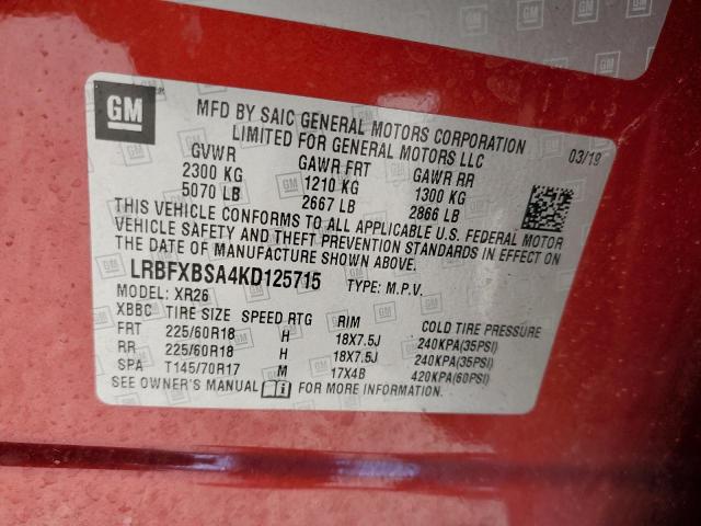 LRBFXBSA4KD125715 - 2019 BUICK ENVISION PREFERRED RED photo 13