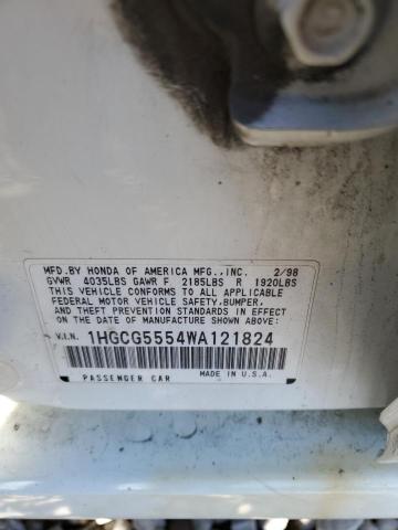 1HGCG5554WA121824 - 1998 HONDA ACCORD EX WHITE photo 12