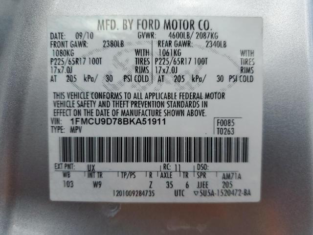 1FMCU9D78BKA51911 - 2011 FORD ESCAPE XLT SILVER photo 14