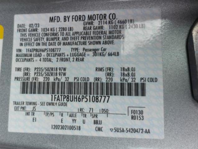 1FATP8UH6P5108777 - 2023 FORD MUSTANG SILVER photo 12