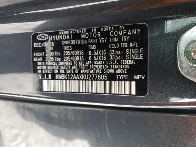 KM8K12AAXKU277805 - 2019 HYUNDAI KONA SE GRAY photo 12