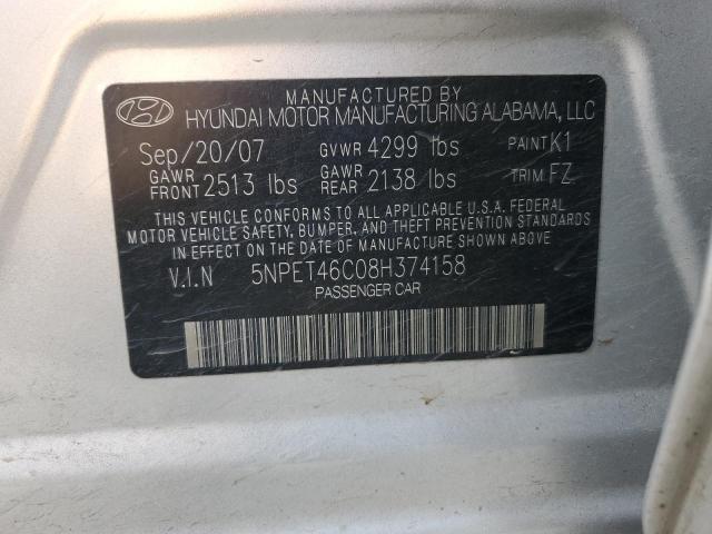 5NPET46C08H374158 - 2008 HYUNDAI SONATA GLS SILVER photo 12