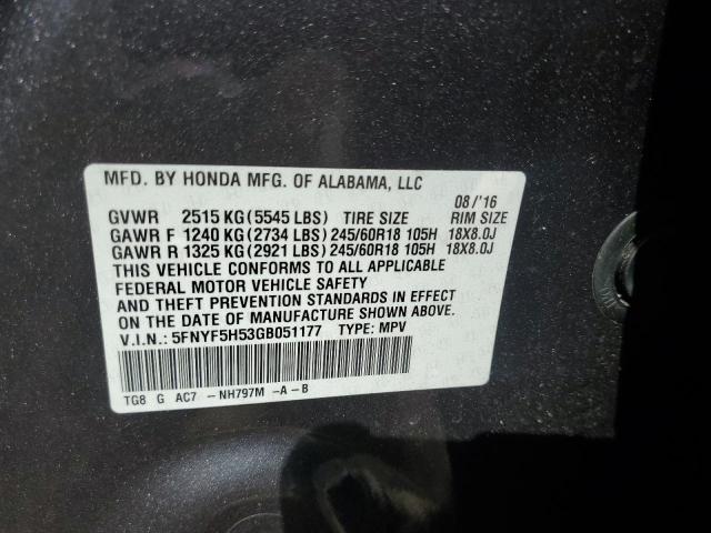 5FNYF5H53GB051177 - 2016 HONDA PILOT EXL SILVER photo 12