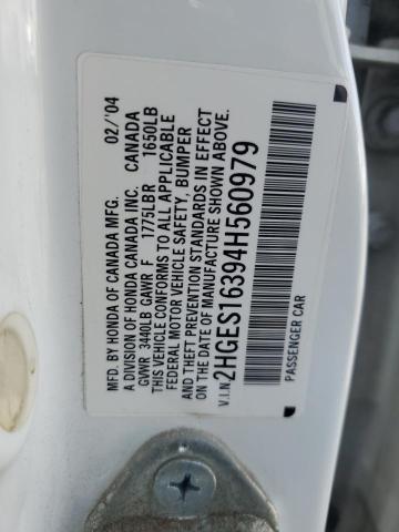2HGES16394H560979 - 2004 HONDA CIVIC DX VP WHITE photo 12
