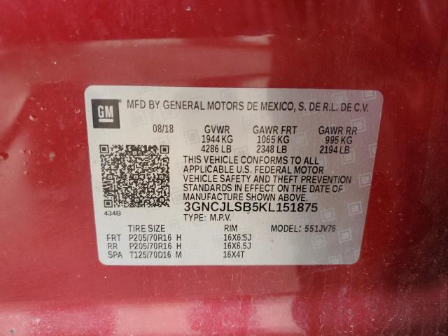 3GNCJLSB5KL151875 - 2019 CHEVROLET TRAX 1LT RED photo 13