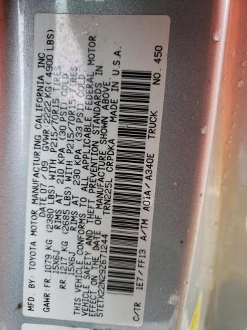 5TETX22N29Z671244 - 2009 TOYOTA TACOMA ACCESS CAB ვერცხლისფერი ფოტო 12