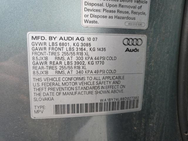 WA1BY74L88D027380 - 2008 AUDI Q7 3.6 QUATTRO PREMIUM GRAY photo 10