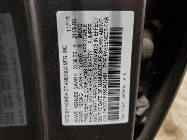 1HGCV1F58KA019451 - 2019 HONDA ACCORD EXL CHARCOAL photo 12