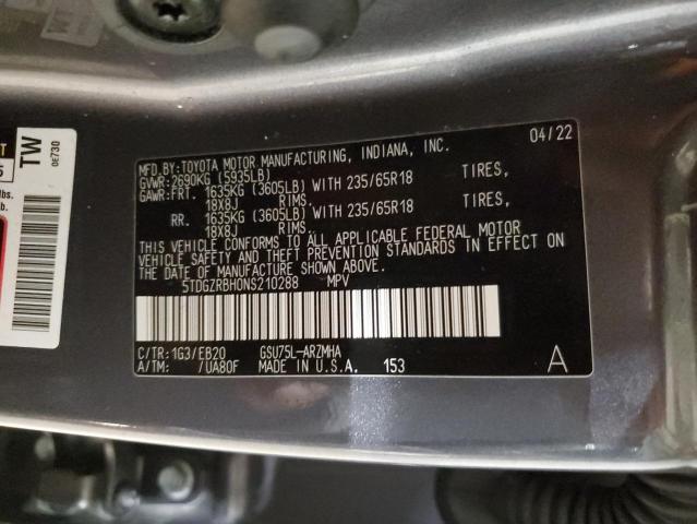 5TDGZRBH0NS210288 - 2022 TOYOTA HIGHLANDER XLE 灰色 照片 13