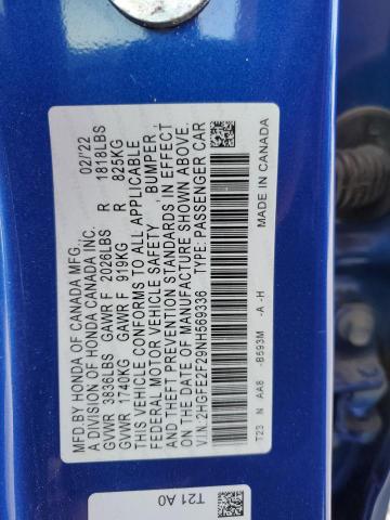 2HGFE2F29NH569336 - 2022 HONDA CIVIC LX BLUE photo 12