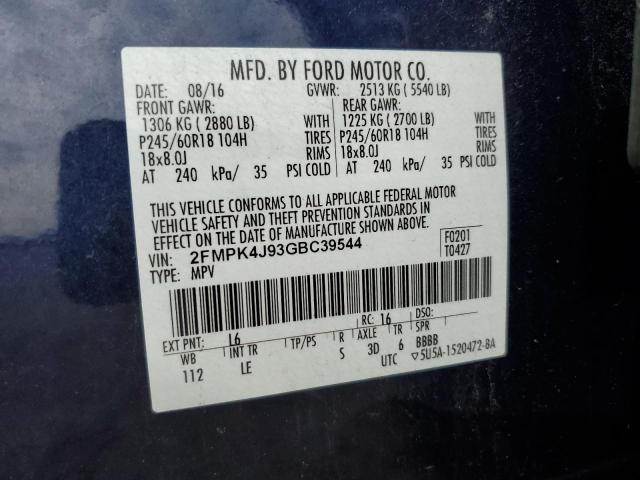 2FMPK4J93GBC39544 - 2016 FORD EDGE SEL BLUE photo 12