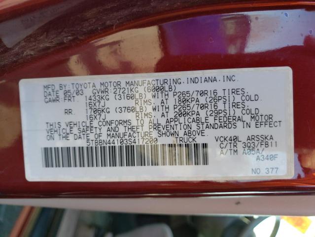 5TBBN44103S417200 - 2003 TOYOTA TUNDRA ACCESS CAB SR5 BURGUNDY photo 12