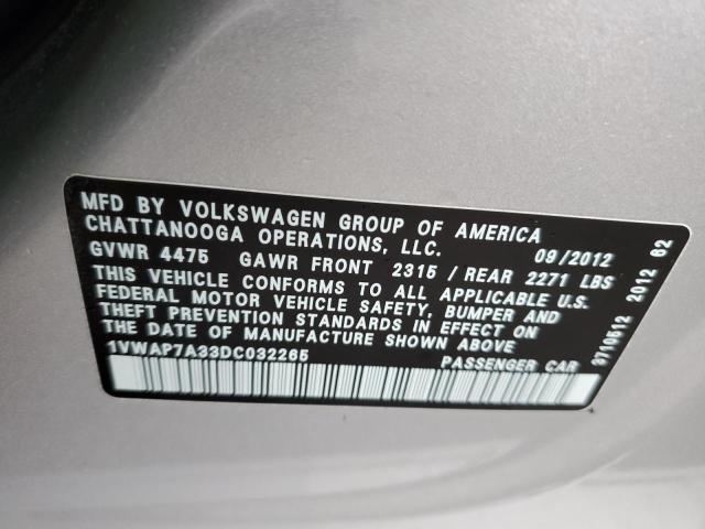 1VWAP7A33DC032265 - 2013 VOLKSWAGEN PASSAT S SILVER photo 12