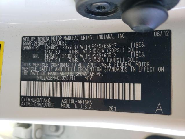 5TDZA3EH4CS028311 - 2012 TOYOTA HIGHLANDER BASE أبيض صورة 14