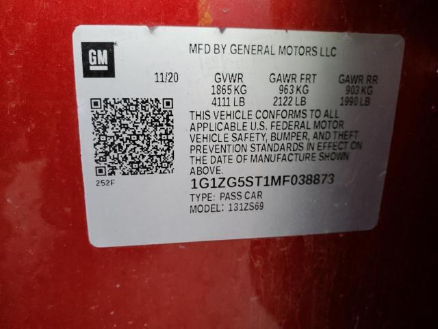 1G1ZG5ST1MF038873 - 2021 CHEVROLET MALIBU RS RED photo 12