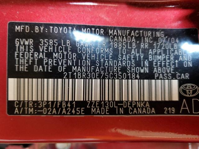 2T1BR30E75C350184 - 2005 TOYOTA COROLLA CE RED photo 12