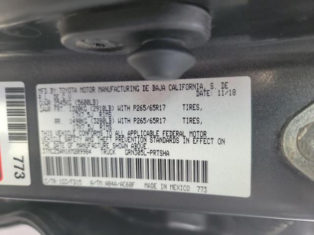 3TMCZ5AN1KM209984 - 2019 TOYOTA TACOMA DOUBLE CAB 灰色 照片 10