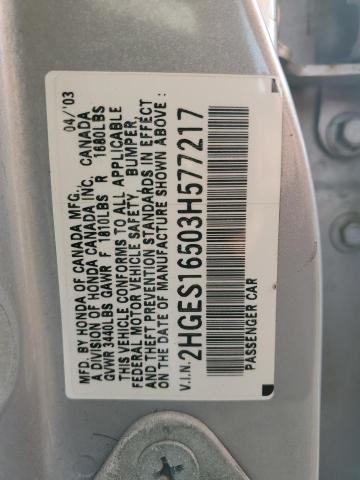 2HGES16503H577217 - 2003 HONDA CIVIC LX SILVER photo 12