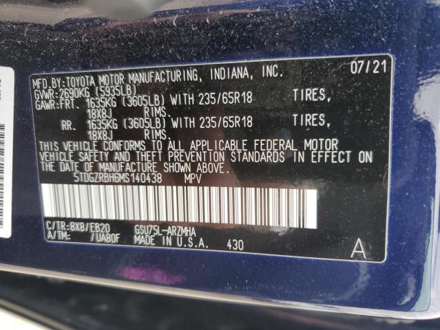 5TDGZRBH6MS140438 - 2021 TOYOTA HIGHLANDER XLE BLUE photo 12