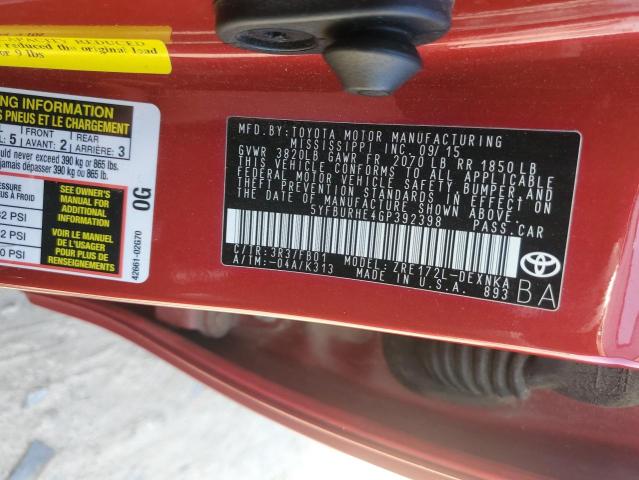 5YFBURHE4GP392398 - 2016 TOYOTA COROLLA L RED photo 12