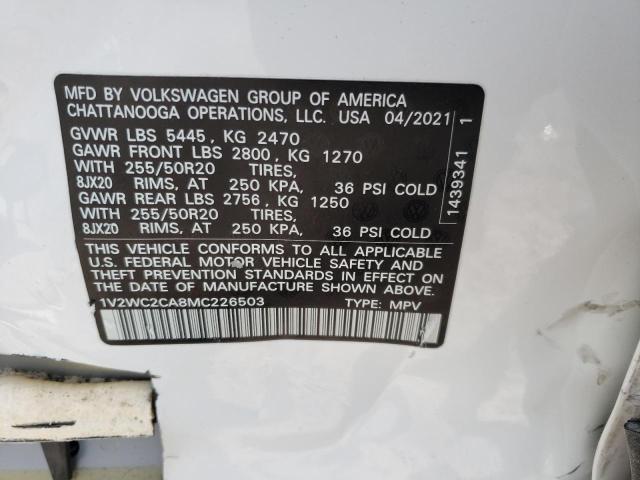 1V2WC2CA8MC226503 - 2021 VOLKSWAGEN ATLAS CROS SE WHITE photo 14