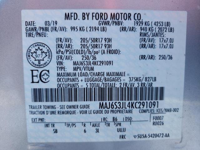 MAJ6S3JL4KC291091 - 2019 FORD ECOSPORT SES SILVER photo 14