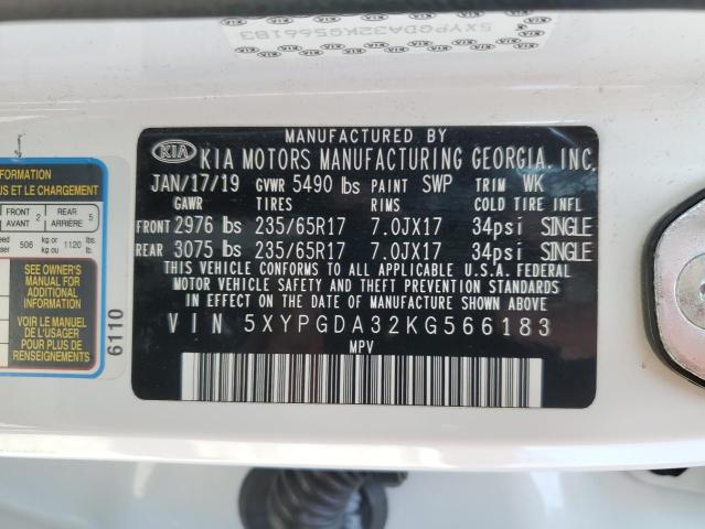 5XYPGDA32KG566183 - 2019 KIA SORENTO L WHITE photo 13