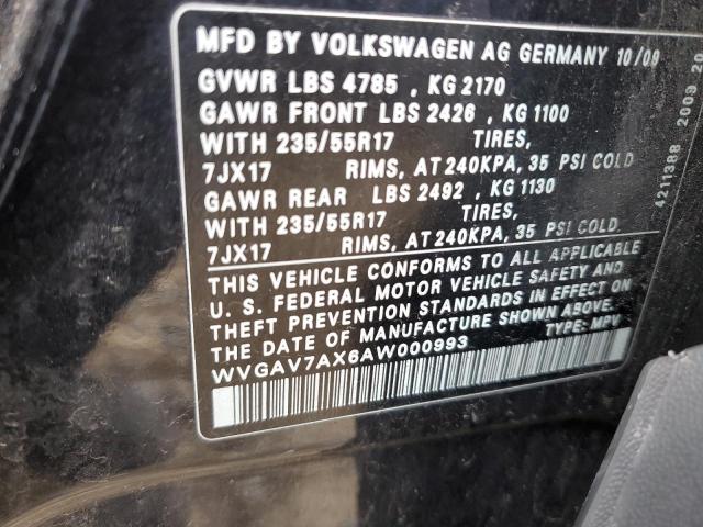 WVGAV7AX6AW000993 - 2010 VOLKSWAGEN TIGUAN S BLACK photo 12