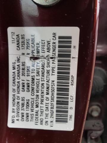 2HGFB2F5XDH507574 - 2013 HONDA CIVIC LX BURGUNDY photo 12