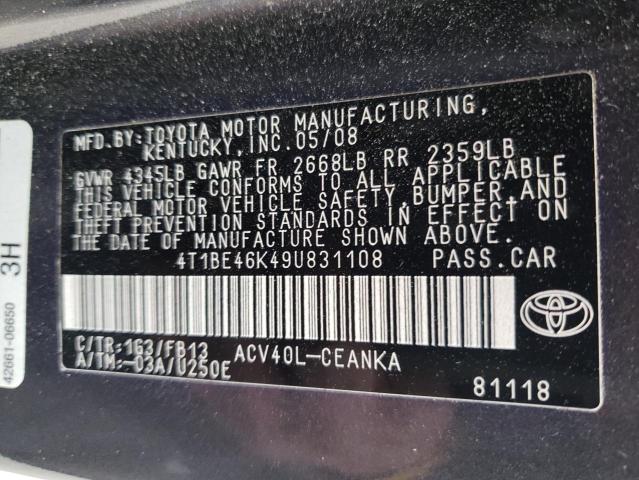 4T1BE46K49U831108 - 2009 TOYOTA CAMRY BASE GRAY photo 12