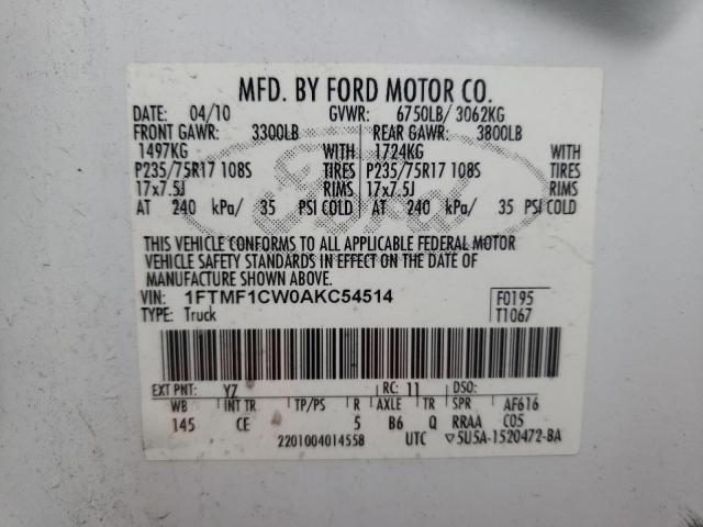 1FTMF1CW0AKC54514 - 2010 FORD F150 WHITE photo 12