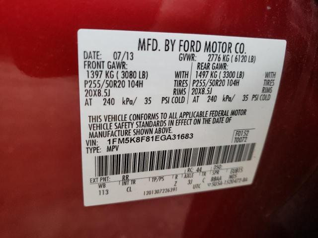 1FM5K8F81EGA31683 - 2014 FORD EXPLORER LIMITED MAROON photo 13