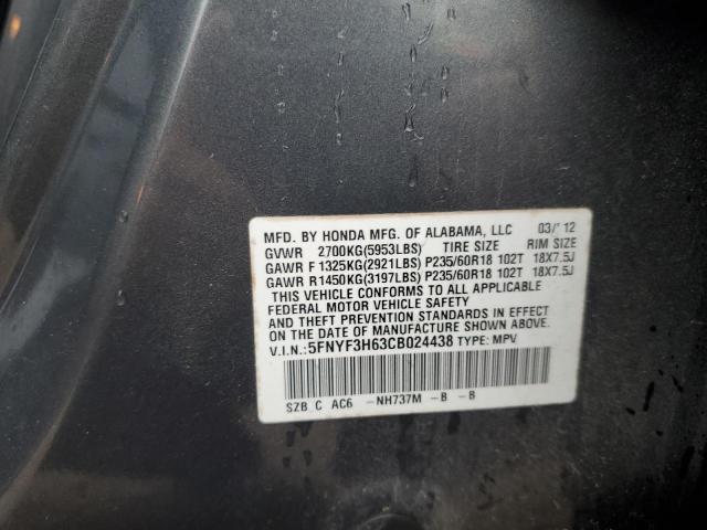 5FNYF3H63CB024438 - 2012 HONDA PILOT EXL GRAY photo 13