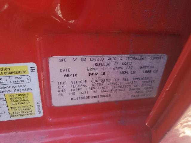 KL1TD6DE3AB134699 - 2010 CHEVROLET AVEO LS 红色 照片 12