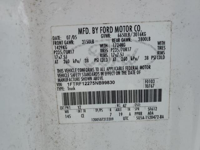 1FTRF12275NB99830 - 2005 FORD F150 WHITE photo 12