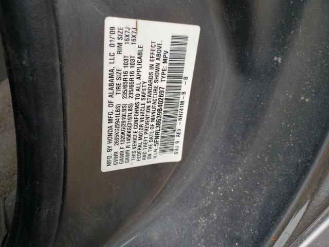 5FNRL38639B402697 - 2009 HONDA ODYSSEY EXL GRAY photo 14