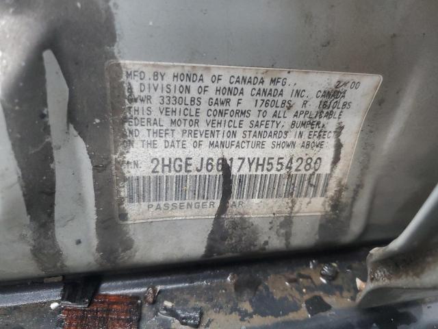 2HGEJ6617YH554280 - 2000 HONDA CIVIC BASE SILVER photo 12
