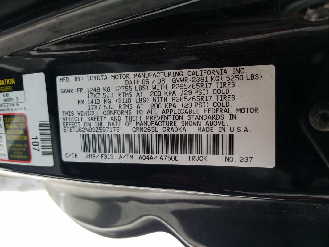 5TETU62N09Z597175 - 2009 TOYOTA TACOMA PRERUNNER ACCESS CAB BLACK photo 10