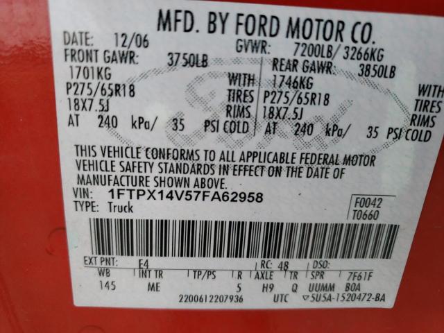 1FTPX14V57FA62958 - 2007 FORD F150 RED photo 12