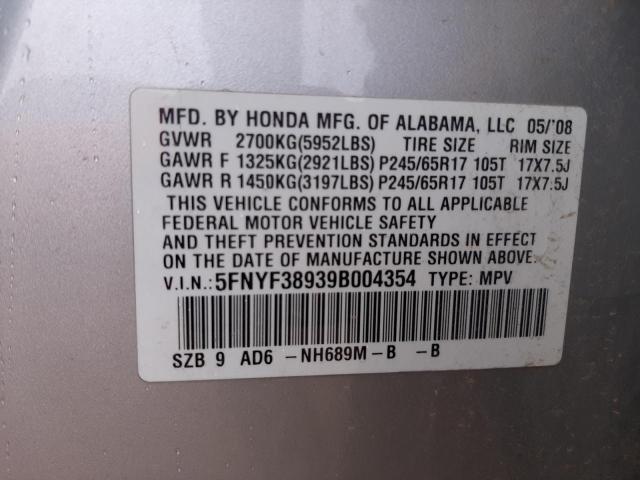 5FNYF38939B004354 - 2009 HONDA PILOT TOURING SILVER photo 12