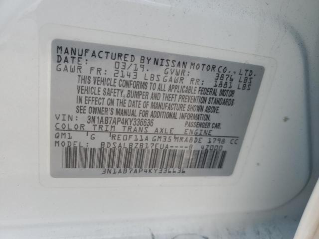 3N1AB7AP4KY336636 - 2019 NISSAN SENTRA S WHITE photo 13