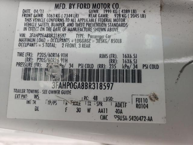 3FAHP0GA8BR318597 - 2011 FORD FUSION S WHITE photo 12