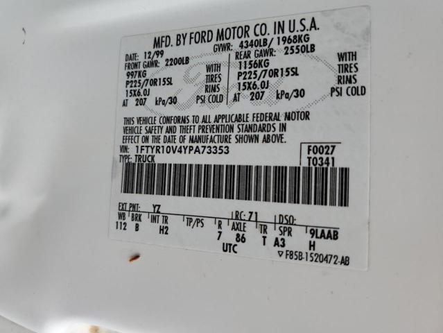 1FTYR10V4YPA73353 - 2000 FORD RANGER WHITE photo 13