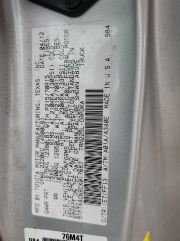 5TFTX4CN9CX017687 - 2012 TOYOTA TACOMA ACCESS CAB ვერცხლისფერი ფოტო 12