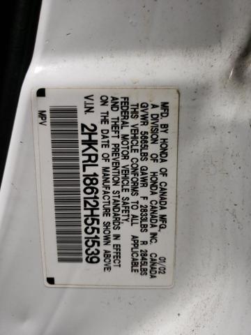 2HKRL18612H551539 - 2002 HONDA ODYSSEY EX WHITE photo 10