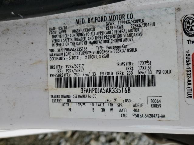 3FAHP0JA5AR335168 - 2010 FORD FUSION SEL WHITE photo 12