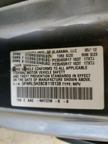 5FNRL5H28CB110138 - 2012 HONDA ODYSSEY LX GRAY photo 13