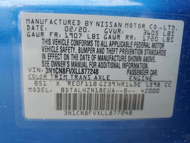 3N1CN8FVXLL877248 - 2020 NISSAN VERSA SR BLUE photo 12